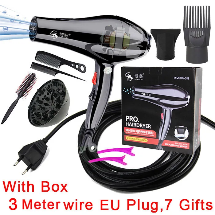 3M EU with 7 Gifts BY-588AC 2100 Вт высокой мощности AC мотор для фена для парикмахерских салонных инструментов фен с низким уровнем шума фен для волос - Цвет: 3M EU with 7 Gifts