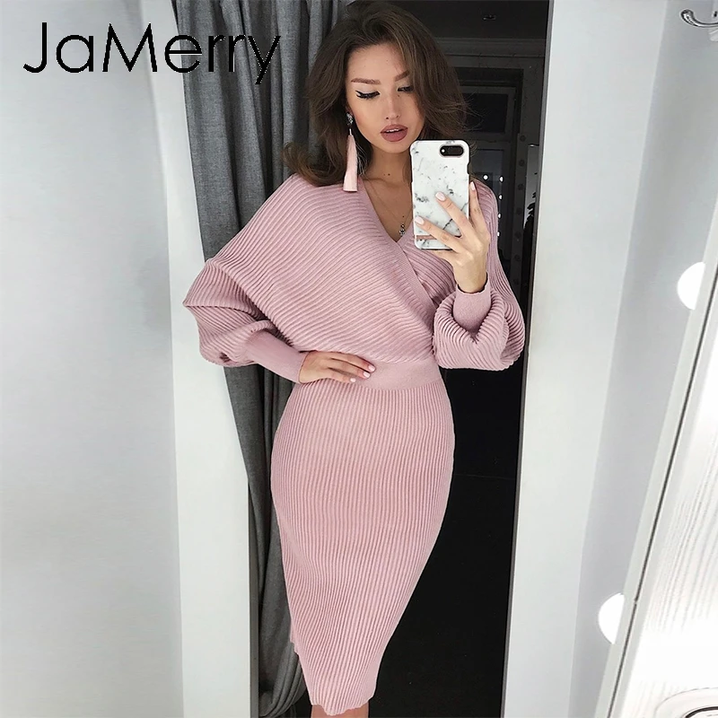JaMerry, винтажный сексуальный комплект из двух предметов, женское трикотажное платье, Осень-зима, рукав летучая мышь, платье миди, элегантные вечерние платья-свитера