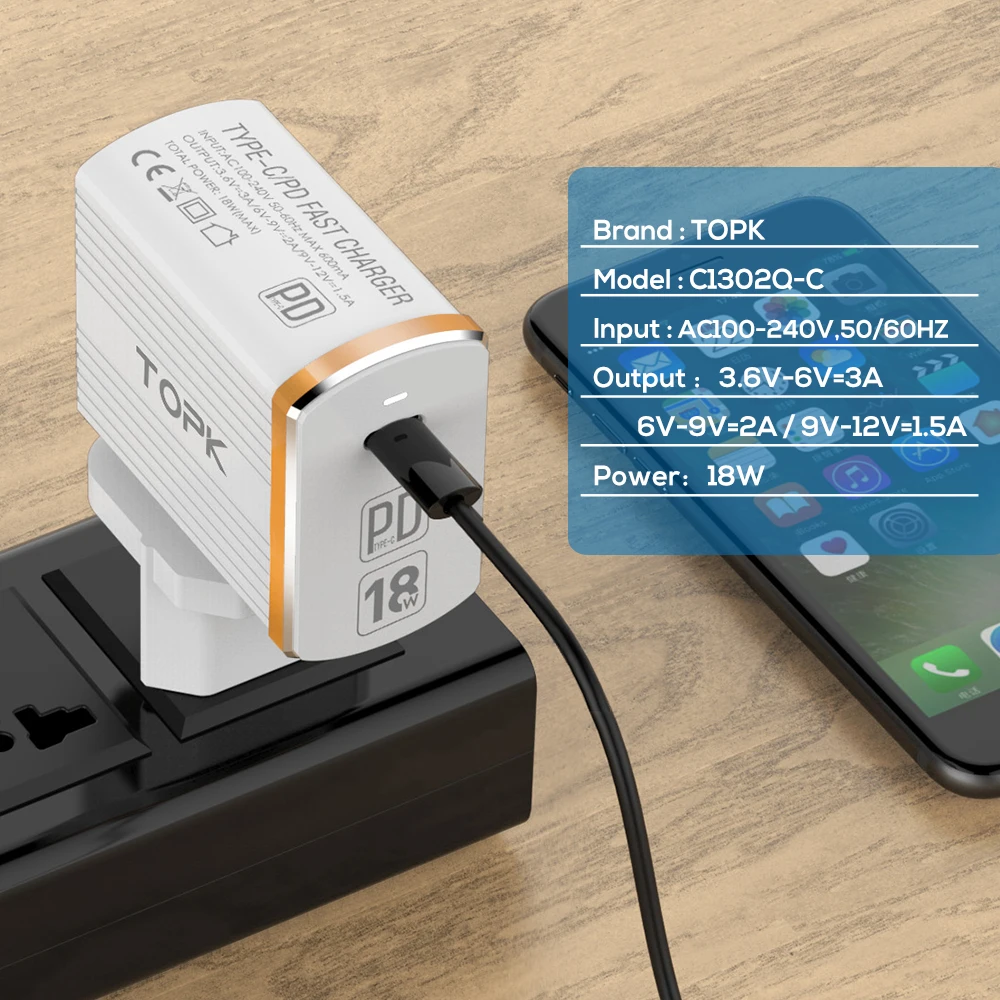 TOPK B135P 18 Вт Тип C PD Быстрая зарядка USB зарядное устройство для samsung Galaxy S9 S8 Plus EU/UK
