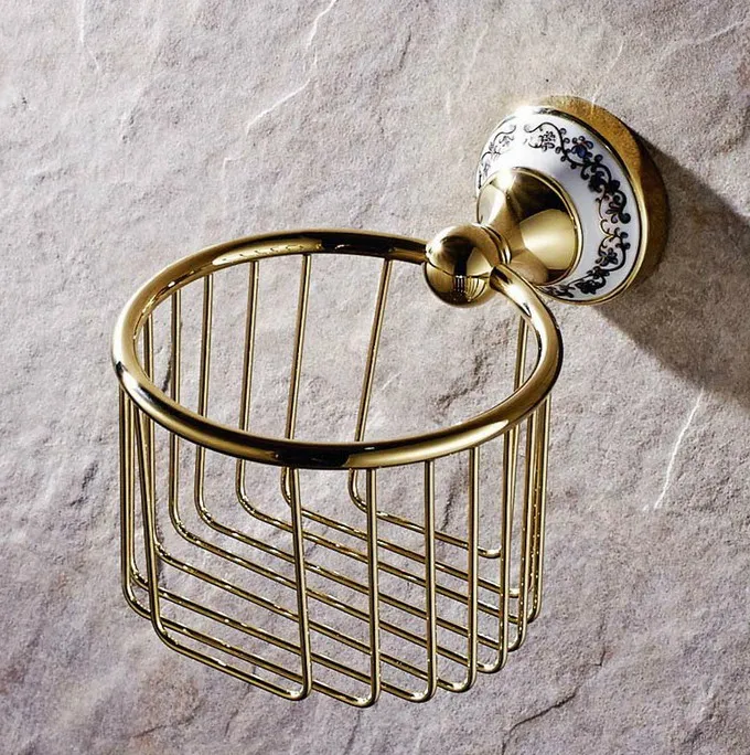 Luxury Gold Color Brass Ceramic Flower Base Wall Mounted Bathroom Toilet Paper Roll Basket Holder Accessory mba257 | Обустройство