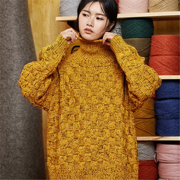 100%hand made pure wool turtleneck thick knit women streetwear loose H-straight pullover sweater one&ampover size | Женская одежда