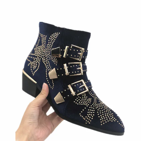 blue pleuche Mcacchi/женские ботильоны из натуральной кожи с заклепками золотого и серебряного цвета; Susanna; женские ботильоны с круглым носком и цветочным принтом; Mujer; роскошная женская обувь - Цвет: blue pleuche