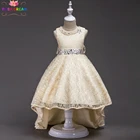 Шикарное платье для девочек с золотым цветком и шлейфом, расшитое блестками и жемчугом, платье для свадебной вечеринки Летние Детские платья принцессы, одежда размеры От 3 до 14 лет