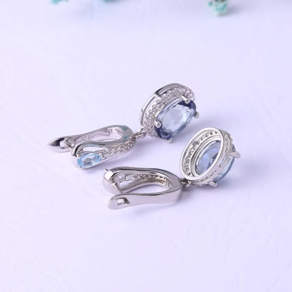 Серьги кольца из серебра 925 пробы с натуральным мистическим кварцем и голубым