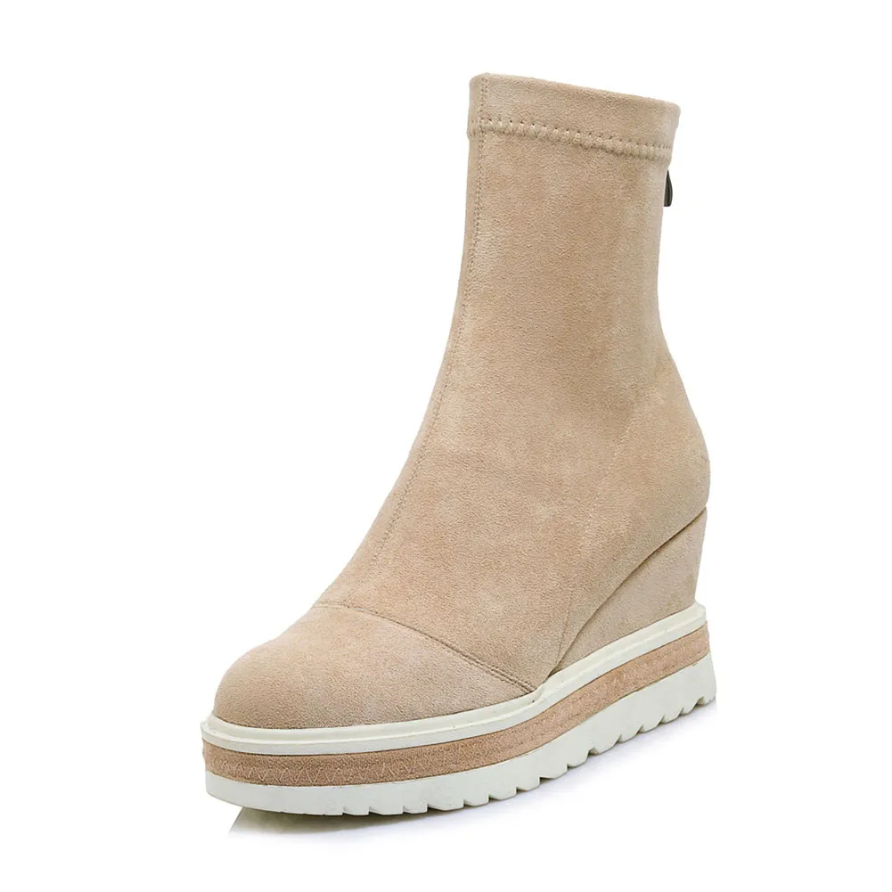 RIBETRINI Brand New women's Genuine Leather Ladies Wedges High Heels Platform Shoes Woman Casual Soft Autumn Ankle Boots - Цвет: apricot