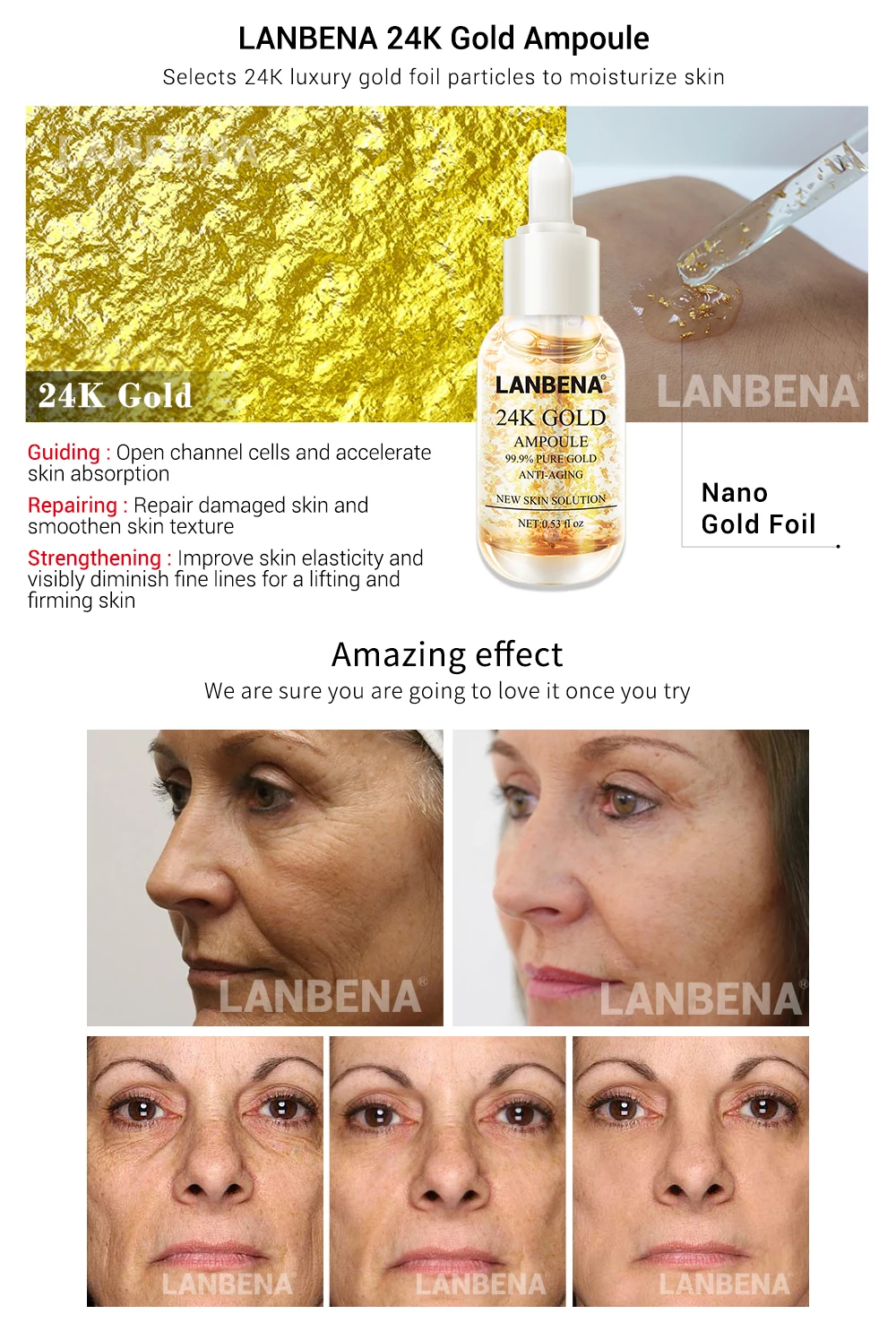 LANBENA 24K золото+ серебро шелк+ золото шелк ампула коллагена Сыворотка против старения осветление пятен увлажняющий отбеливание укрепляющий уход за кожей