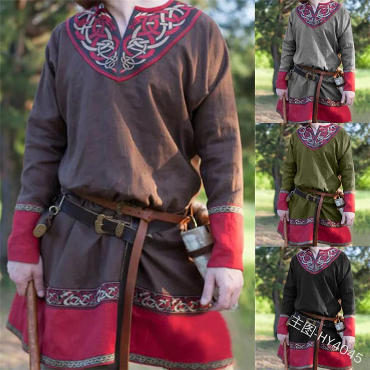 

Ренессанс средневековые мужские рубашки туника для мужчин Viking топы с v-образным вырезом с длинным рукавом воин пиратский костюм для взрослы...