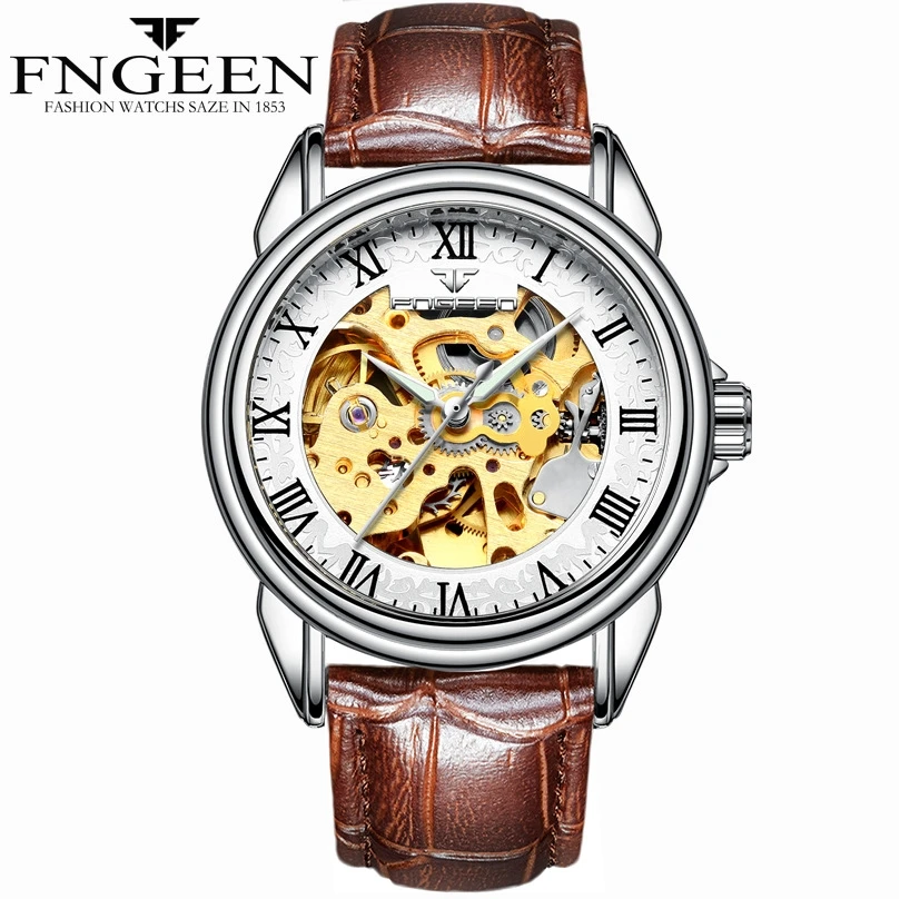 Золотые женские часы, мужские часы FNGEEN Relogio Feminino masculino, автоматические механические часы с скелетом, автоматические часы - Цвет: man leather 4