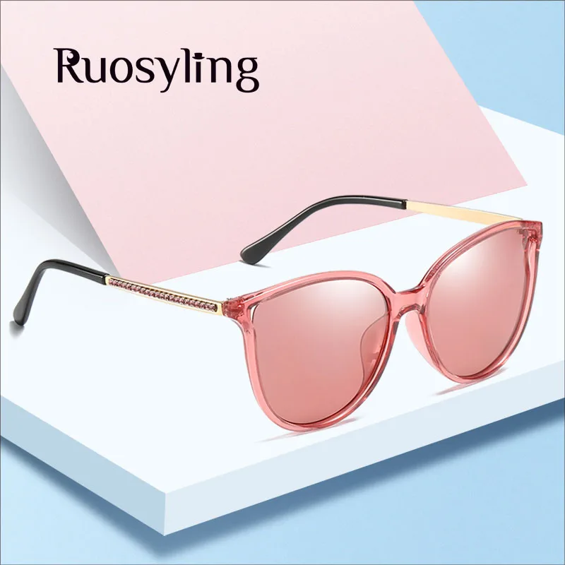 Ruosyling UV 400 Cat Eye Sunglasses Women Polarized Dark Sunglasses for Women Shades Girls Pink Lens Cat Eye Eyewear Diamond