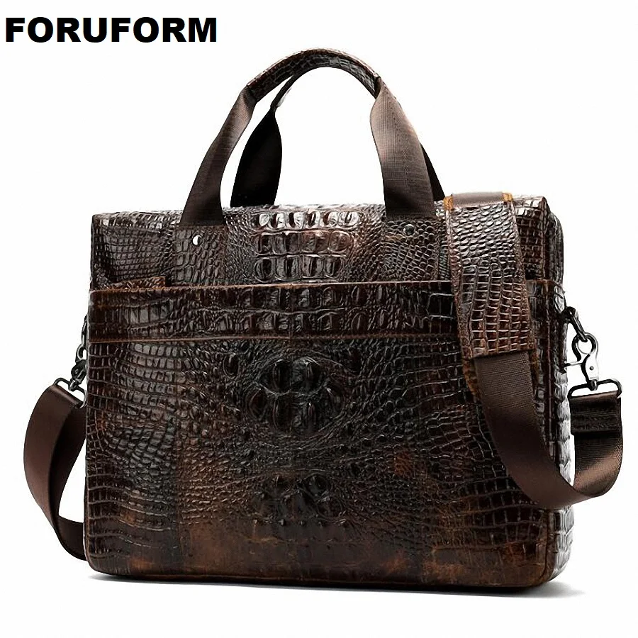Men's Briefcase Genuine Leather Business Handbag Laptop Casual Crocodile Shoulder Bag Vintage Messenger Bag Luxury Bolsa