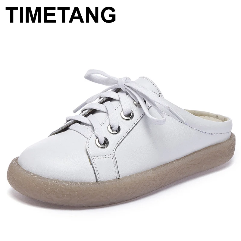

TIMETANGWomen Leather Mules White Casual Slippers Lace Up Women Summer Shoes Handmade Genuine Leather Women Outdoor SlippersE760