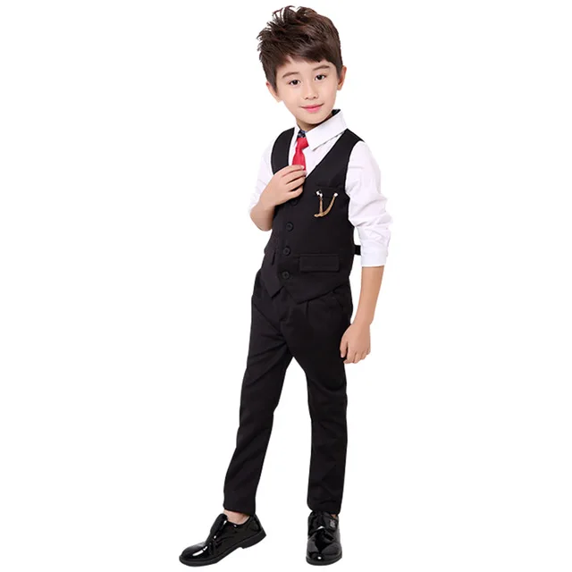 Black 2pcs Фирменные торжественные костюмы с платьем-смокингом для мальчиков, Детские комплекты для свадьбы, жилетка и штаны, 2 предмета, детские костюмы с цветочным принтом для мальчиков на день рождения, комплект одежды, N48 - Цвет: Black 2pcs