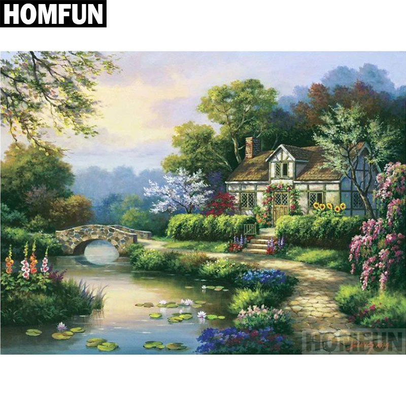 

Алмазная живопись HOMFUN A06584, полноразмерная/круглая вышивка «домик лес», 5D, для творчества, домашний декор
