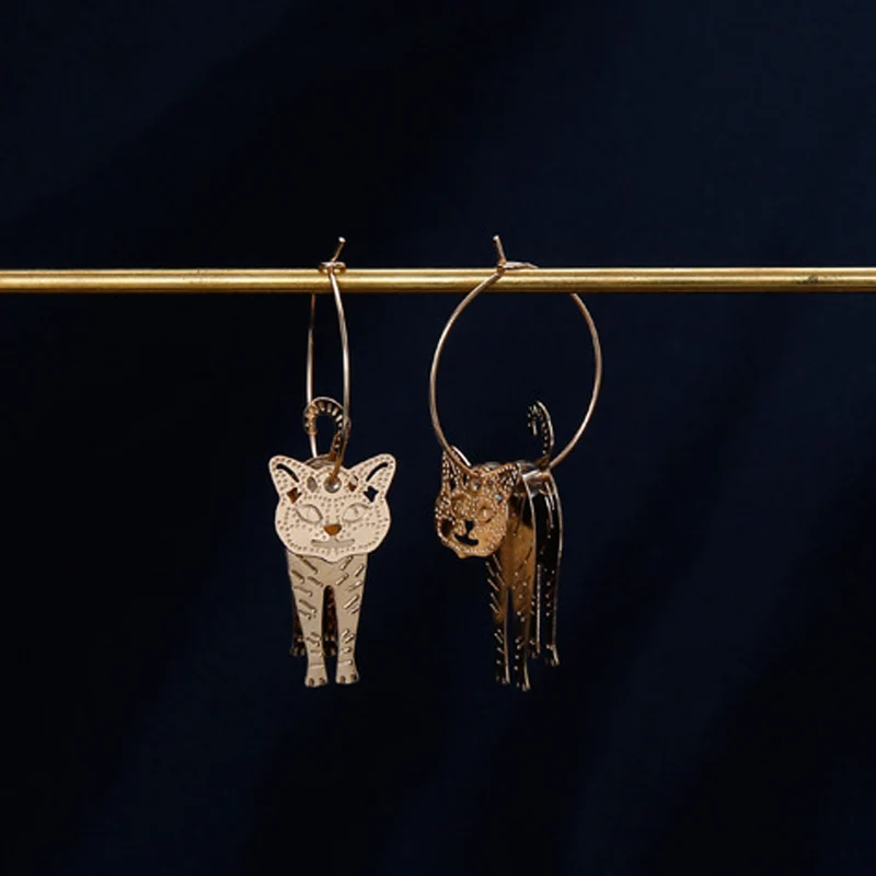 Креативные висячие серьги с 3D котом и прозрачными бусинами металлические