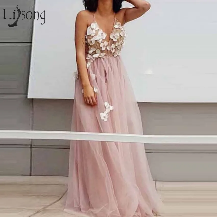 

Розовые тюлевые платья для выпускного бала Boho, сексуальные платья с треугольным вырезом и 3D цветами, 2018