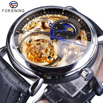 Forsining Golden Silver Mechanical Watches for Men Top Brand Luxury Black Genuine Leather Band Moonphase Fashion Blue Hands