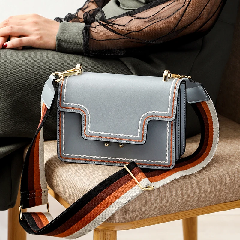 

WOONAM Women New Fashion Genuine Calf Leather Contrast Embroidery Small Flap Bag Satchel Handbag WB612