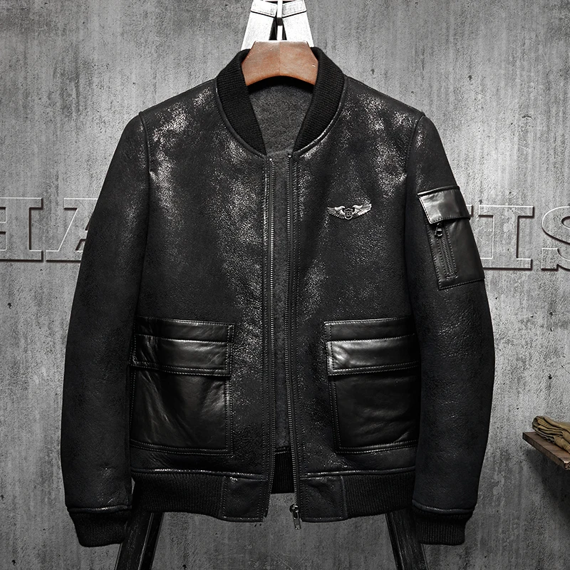 Мужская дубленка Denny&ampDora B3 летная куртка черная короткая меховая кожаная из