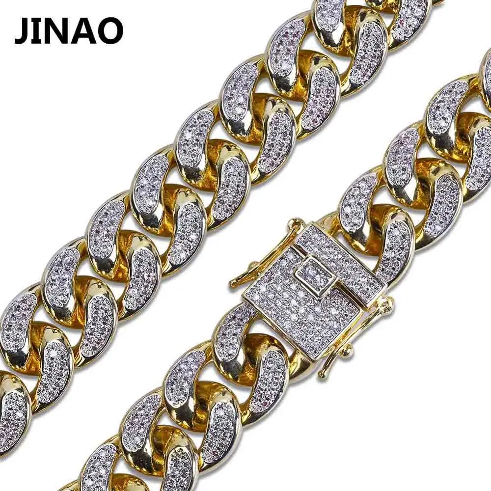 Gold JINAO мужские 14 мм циркониевое ожерелье с кубинским звеном, колье в стиле хип-хоп, ювелирные изделия, блестящий золотистый Серебристый с розой, цепочка золотого цвета - Окраска металла: Gold