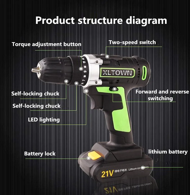 XLTOWN 21v cordless electric screwdriver with 2 battery rechargeable lithium Multifunctional drill bit | Инструменты