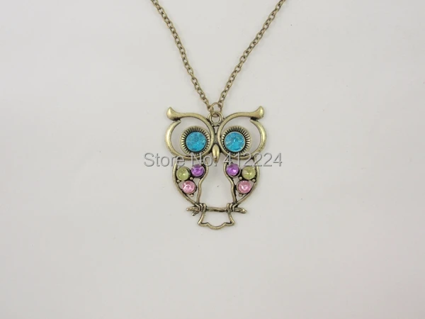 Free Shipping+Wholesale vintage hollw colorful crystal rhinestone owl pendant sweater necklace 500pcs/lot | Украшения и