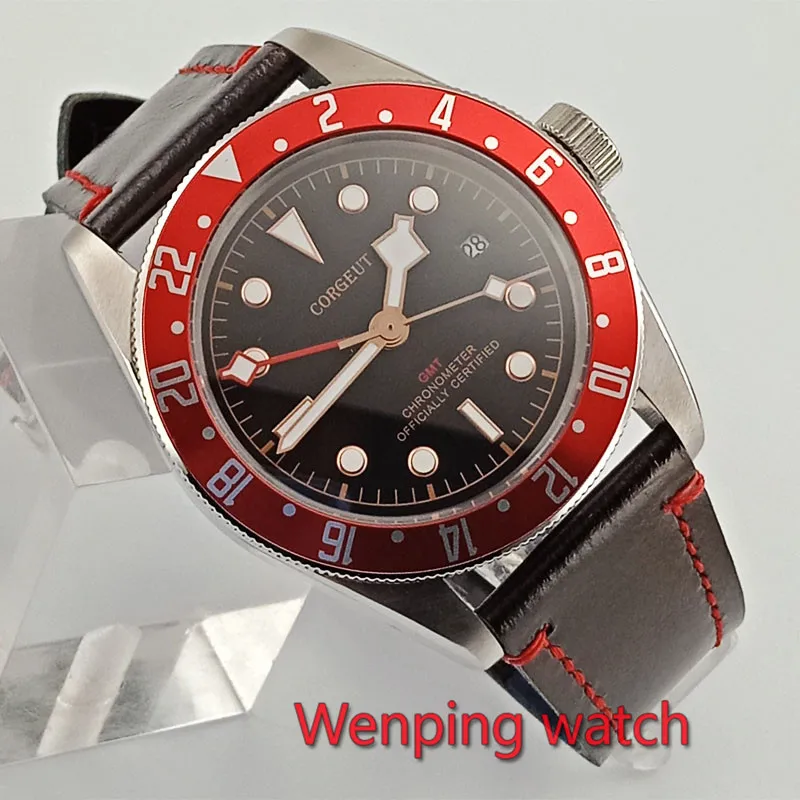 41 мм Corgeut часы Водонепроницаемость красный GMT руки сапфировое стекло