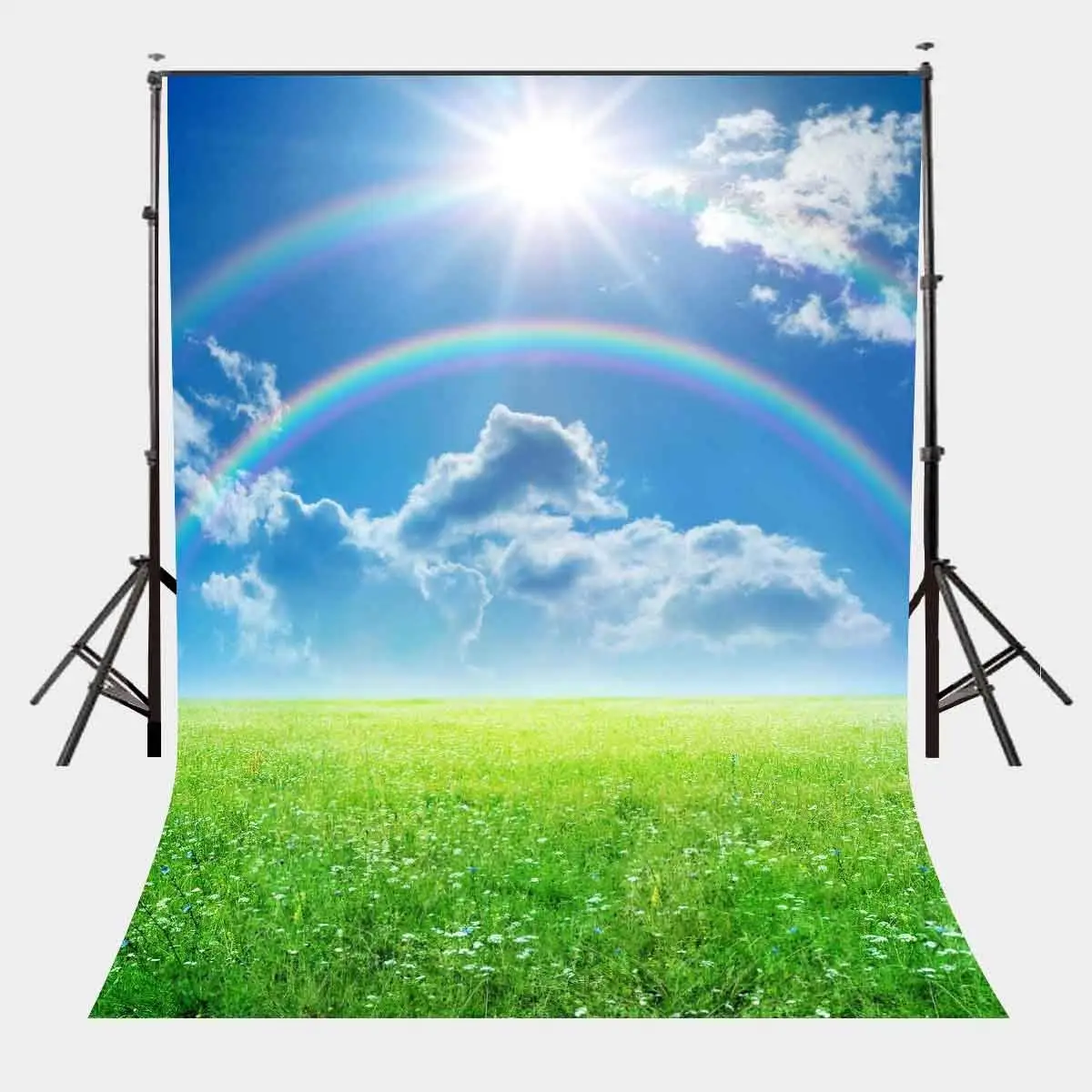 

150x210cm Beautiful Natural Scene Backdrop Colorful Rainbow Sunny Sky Green Grassland Photography Background