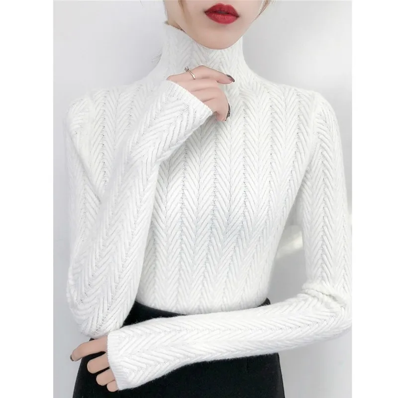 Low collar white PEONFLY, водолазка, свитера, Женский пуловер, высокая эластичность, вязаный, в рубчик, тонкий джемпер, Осень-зима, базовый, однотонный, женский свитер - Цвет: Low collar white