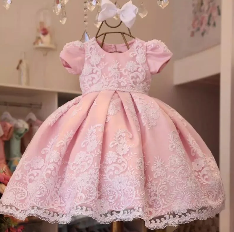Pink Lace Applique Puffy Baby Girls Birthday Party Dress Little Princess First Birthday Gown for Ceremony Photography