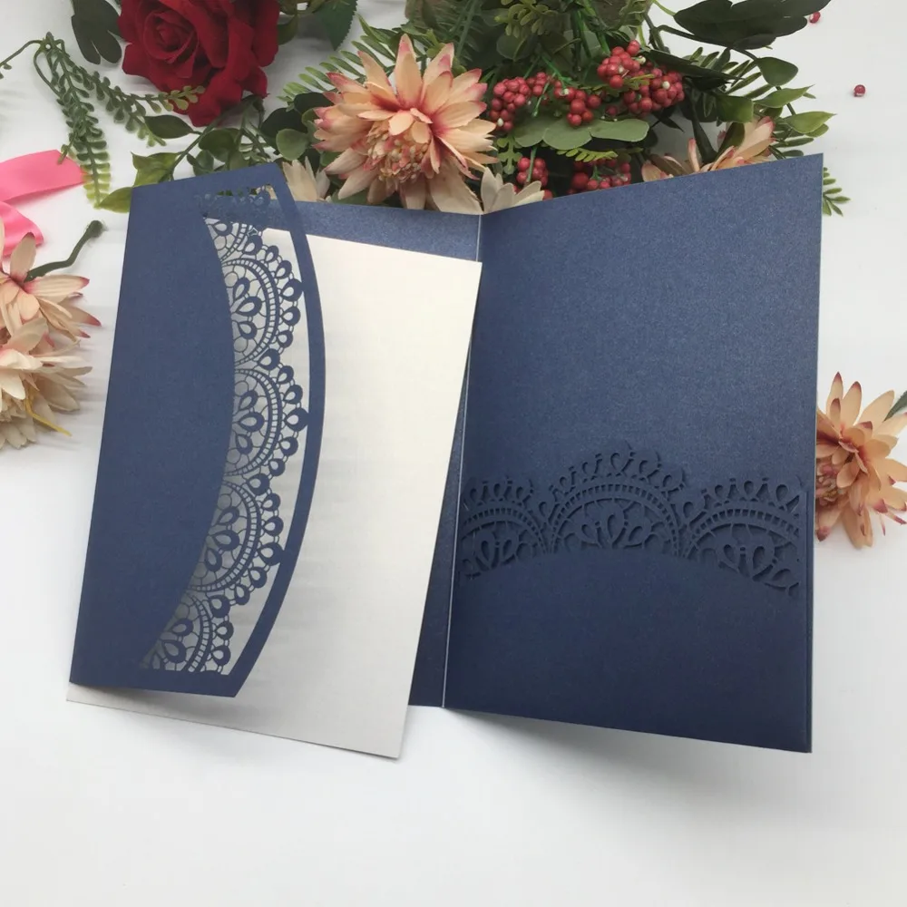 

50pcs Elegant Laser Cut Lace Design Wedding Invitation With Ribbon Luxury Pearl Paper Birthday Gift Card Dinner Invite RSVP Card