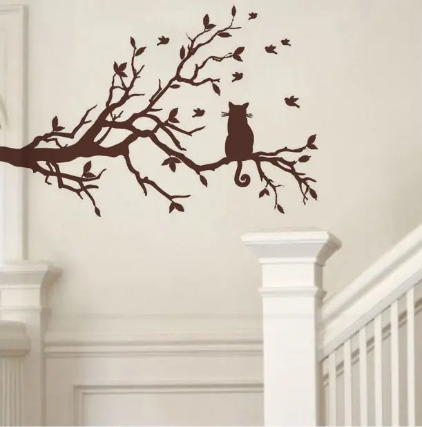 Кота на ветка дерева с птицами виниловая наклейка стену Стикеры Wall Art