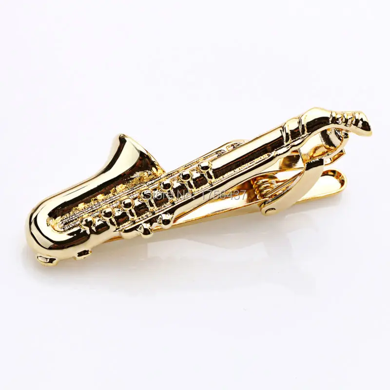 Лидер продаж золотистые и Серебристые музыкальные зажимы для галстуков Sax мужчин