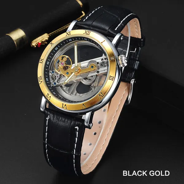 black gold FORSINING мужские часы люксовый Топ бренд кожа автоматические механические часы черный цвет Relogio Masculino - Цвет: black gold
