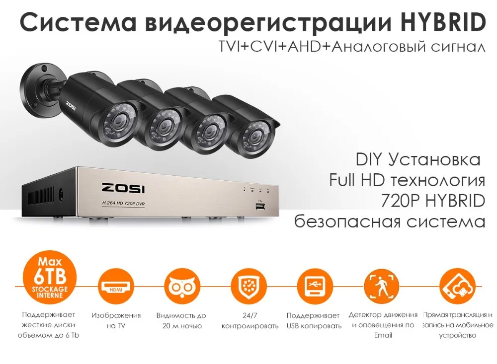 ZOSI домашние системы безопасности 4CH HD-TVI 1080N DVR 4 шт. 1280TVL 720 P Ночного Видения Наружного Наблюдения Водонепроницаемый Камера комплекты
