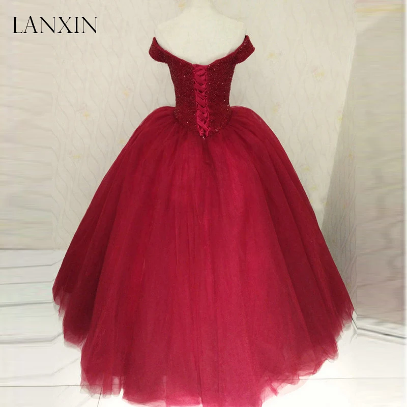Бургундия Тюль бальное платье выпускного вечера 2019 плюс размер кристаллы с плеча
