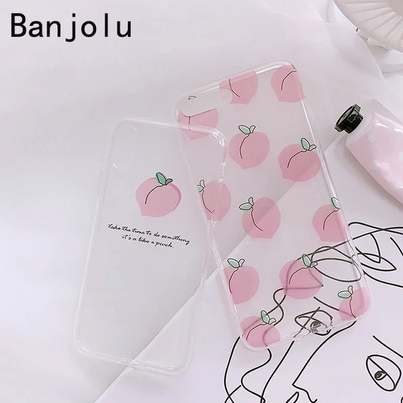 Banjolu New Candy Cute Transparent Stylish Pink Peach Phone Case for iPhone X 7 8 Plus 6 6s Soft TPU Cover Back |