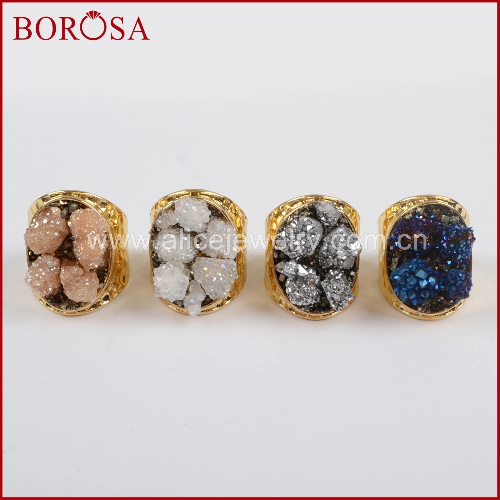 BOROSA Кольца нового стиля! Золотой Цвет Грубый Титан друзы Кристалл чипы кольца для