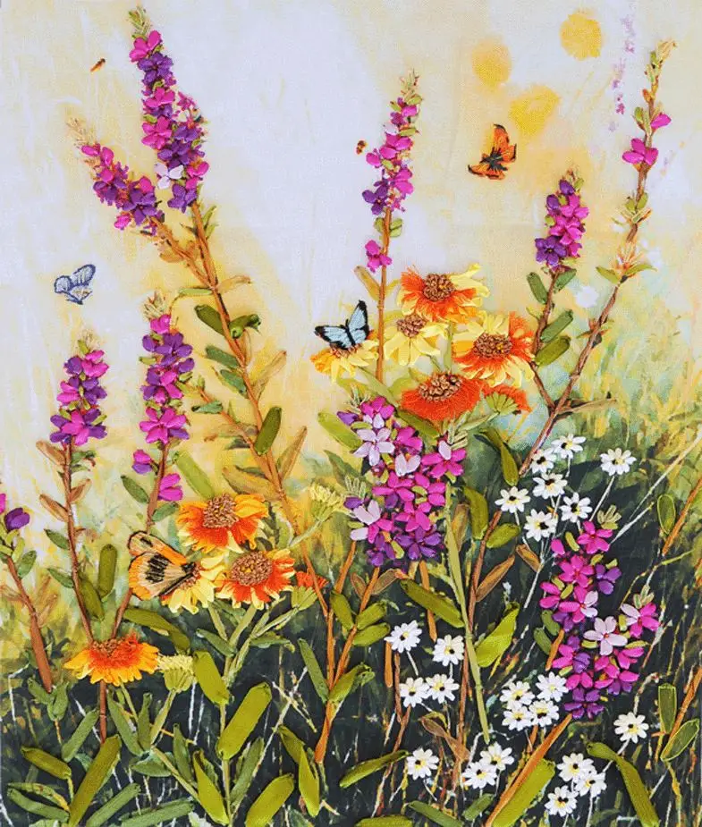 Рукоделие Набор для вышивки крестиком из ленты сделай сам летняя мечта 2 бабочки