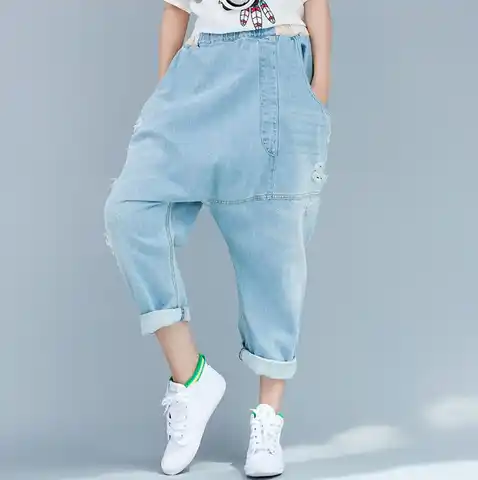 Women Hole Ripped Loose Elastic Waist Patchwork Denim Pants Female Casual Large crotch Jeans Ladies Cross-pants Trousers p510