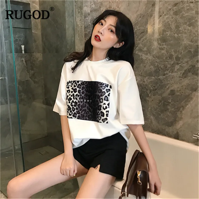 Женская футболка с леопардовым принтом RUGOD свободная круглым вырезом и коротким