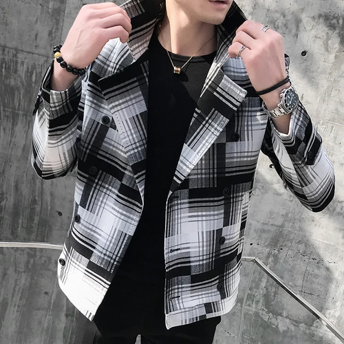 Black white stripes Шерстяное пальто весна и осень новая двубортная ветровка Британский ретро тартан пальто модное приталенное короткое пальто для мужчин S-3XL - Цвет: Black white stripes