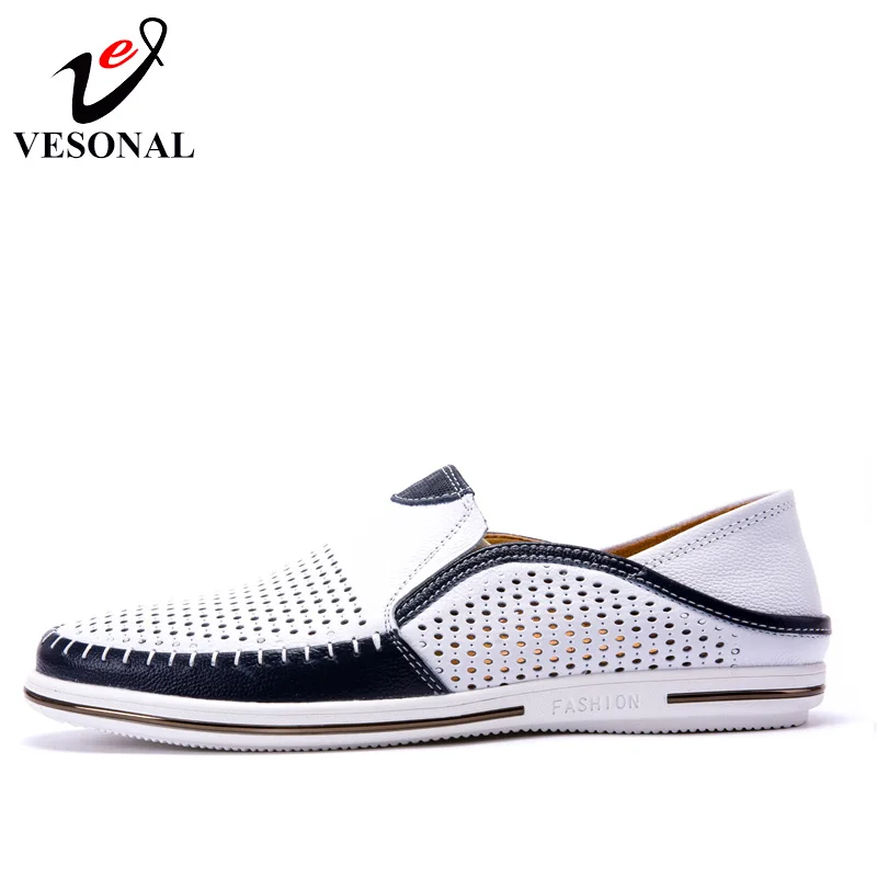 VESONAL Summer Hollow Out Breathable Genuine Leather Casual Male Shoes For Men Adult Loafers Slip On Sneakers Driving Moccasins | Обувь