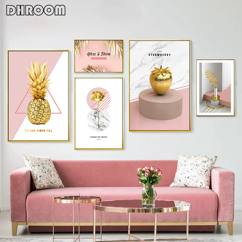 

Minimalist Wall Art Nordic Pink Gold Plant Canvas Painting Golden Pineapple Rose Posters Prints Living Room Decorative Painting