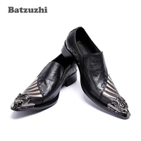 batzuzhi handsome men shoes pointed metal toe black genuine leather dress shoes men for businessparty and wedding us6 us12