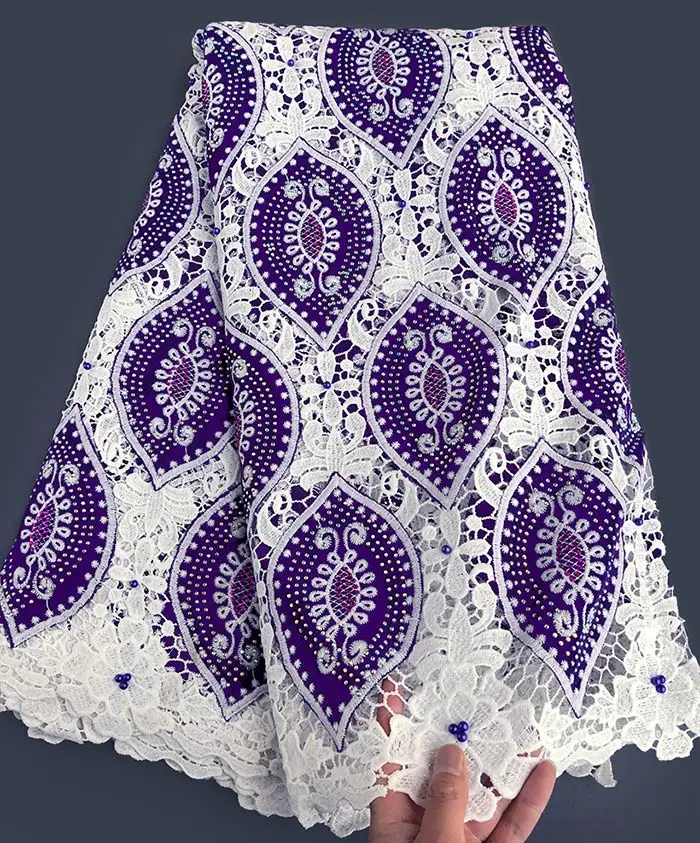 purple offwhite 5 ярдов бархатное кружево аккуратная вышивка африканский гипюр шнур кружевная ткань с большим количеством камней очень сильный не отваливается - Цвет: purple offwhite
