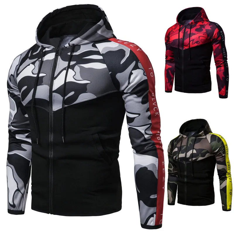 2019 New Arrival Mens Fashion Spring Camouflage Patchwork Hoodies Zipper Cardigan Sweatshirts Slim Fit Sportswear Plus Size | Мужская