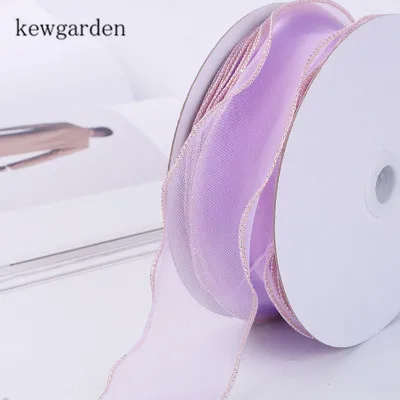 Kewgarden DIY бант ленты из вуали " 50 мм Золотой Край органзы ленты вручную изготовленная лента аксессуары Riband 25 ярдов - Цвет: Фиолетовый