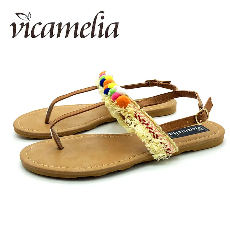 Vicamelia/женские летние сандалии на плоской подошве богемные пляжные вьетнамки с Т