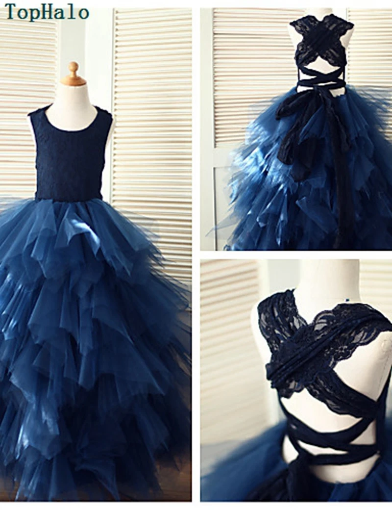Floor-length Ball Gown Flower Girl Dresses Navy Blue Lace Kids Prom Baby Princess Pageant Children's Clothing | Свадьбы и
