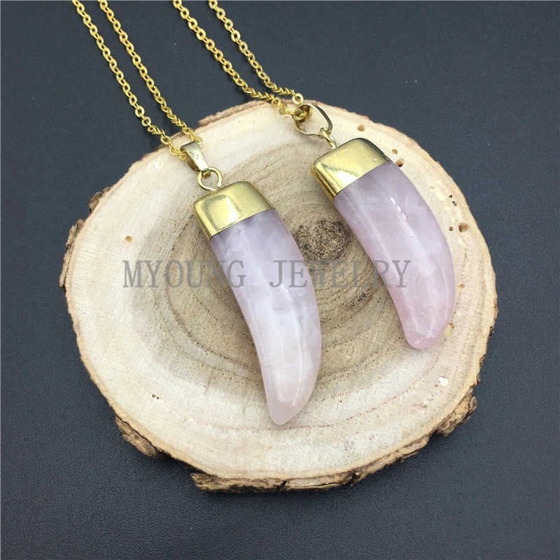 MY0943 рожок Tusk Rose Quartzs кулон с чистой крышка золотого цвета. Розовый Кристалл Шарм